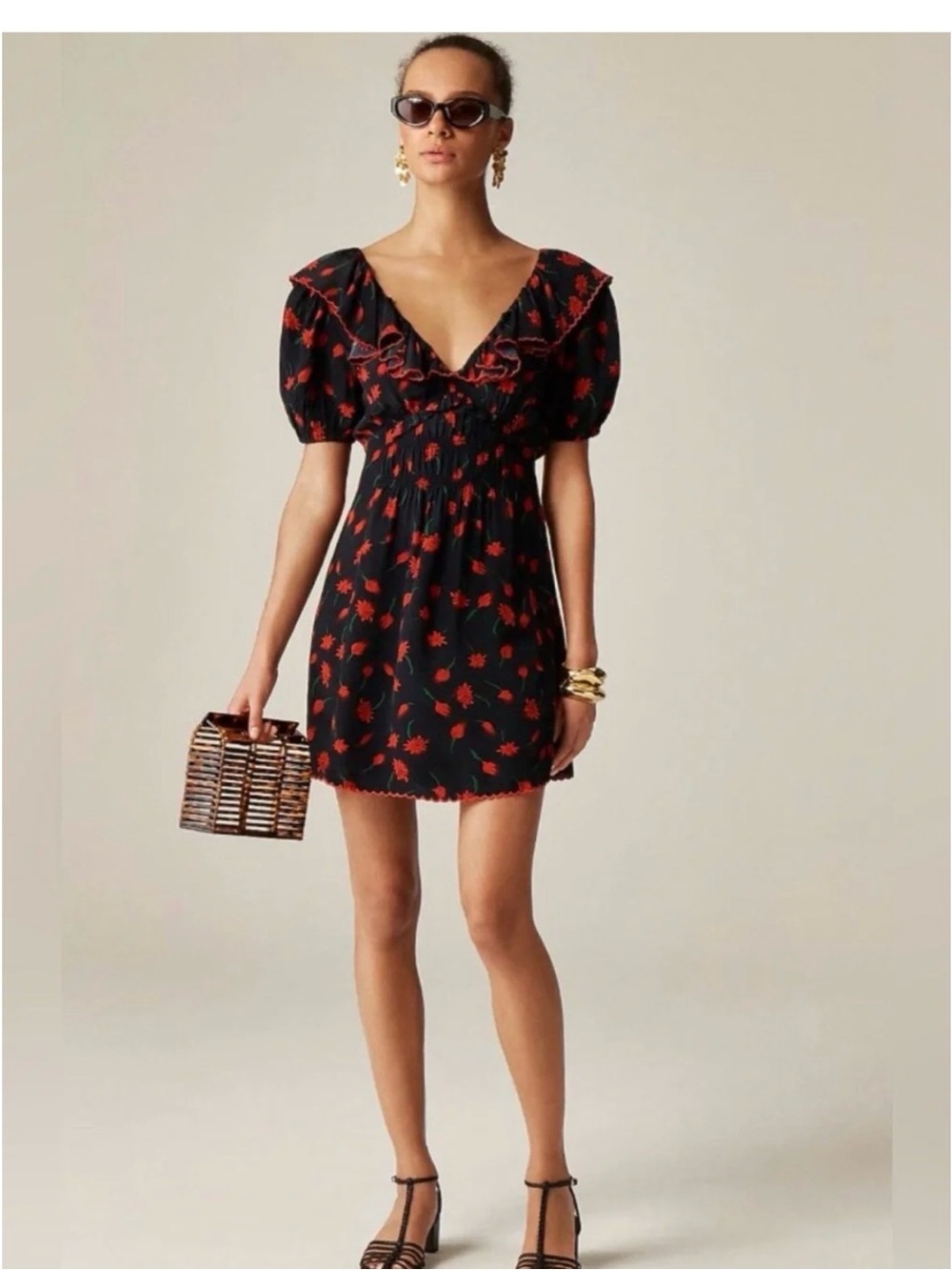Black Mini Dress with Red Floral Ruffle V-Neck